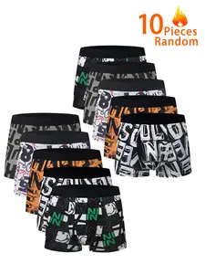 10-Pack Men's Trendy Graffiti Print Underwear Boxer Briefs, Random Patterns, Comfortable Elastic Waist, Youthful Style, Slim-Fitting, All Seasons