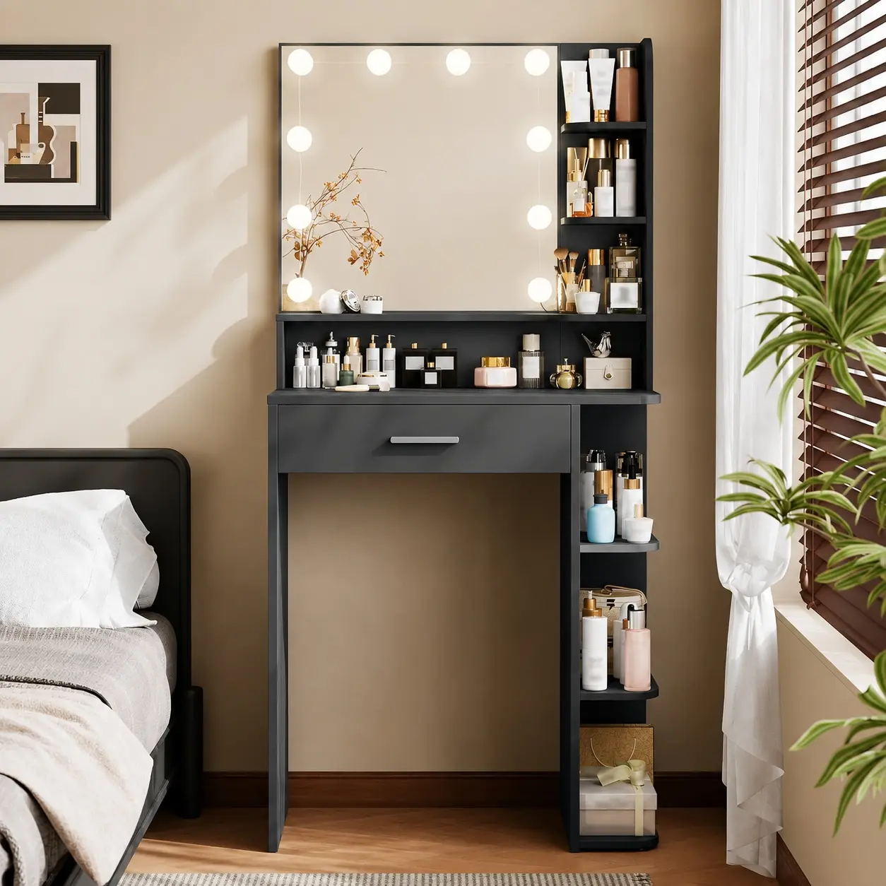 26.4''W Vanity Set, LED Makeup Mirror with 3 Color Lighting Modes, 6-Tier Shelves with Storage Drawer, Built-in Power Outlet & Hair Dryer Holder, Space Saver, Perfect for Bedrooms, Apartments, Ideal Gift Choice for girl