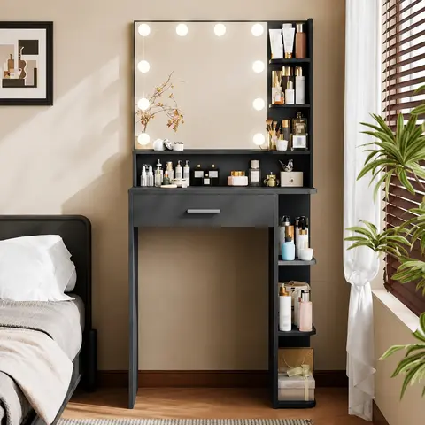 26.4''W Lighted Makeup Vanity - LED Vanity Dresser with 3 Color Lighting Modes, 6-Tier Shelves, Storage Drawer, Built-in Power Outlet & Hair Dryer Holder, Space-Saving Bedroom Furniture for Small Spaces, Ideal Gift