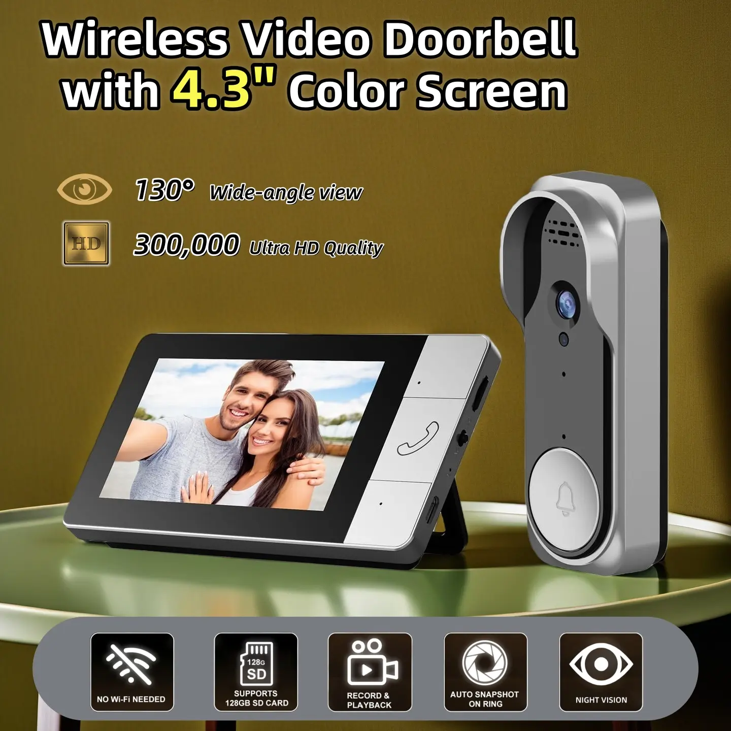 Wireless Metal Video Doorbell Camera with 4.3-in Color Monitor, 2-Way Audio, Infrared Night Vision, 130° Wide Angle, 2.4G Connectivity, Waterproof, Micro SD Card Compatible, No WiFi/APP Needed – Home Security System for Modern Shops