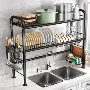 Over The Sink Dish Drying Rack - Adjustable 2 Tier X-Large Capacity Stainless Steel Drainer with Cutlery & Utensil Holders, Kitchen Storage & Organization, Kitchenware