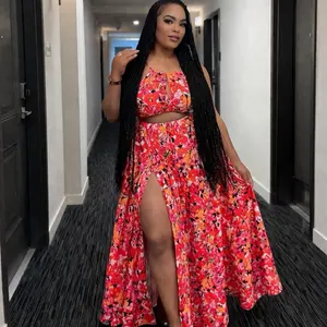 Vibrant Floral Maxi Dress with Cut-Out Design and High Slit for Stylish Comfort