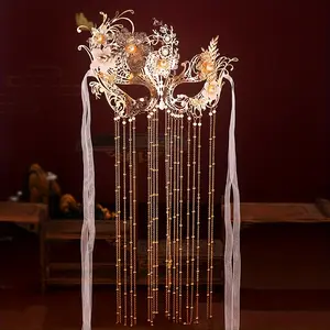 Ancient Chinese Alloy Face Curtain Mask with Long Tassels and Ear Ties - Hanfu Accessory for Renaissance Fairs, Medieval Costume Parties - Traditional Role-Play Festive & Party Accessories