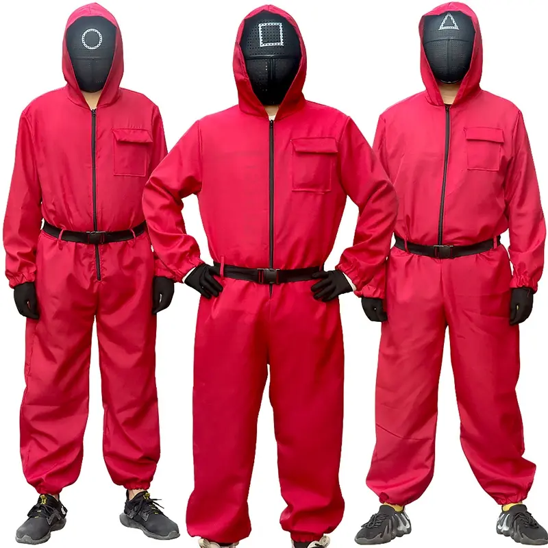 Hooded Jumpsuit for Men & Women, Squid Game Costume, Korean Style Halloween TV Character, Includes Gloves & Masks