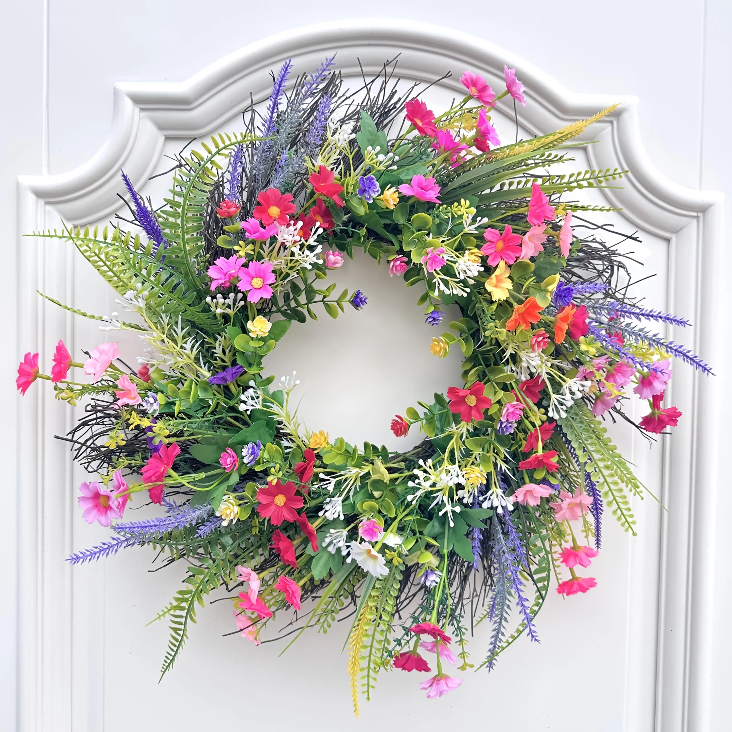 17in Handmade Colorful Lifelike Silk Artificial Wildflower Wreath - Daisy Flowers, Lavender, Greenery, Fruit Accents - Rustic Farmhouse Home Decor, Ornaments, Garland, Centerpiece for Front Door, Wall Hanging, Wardrobe Decoration