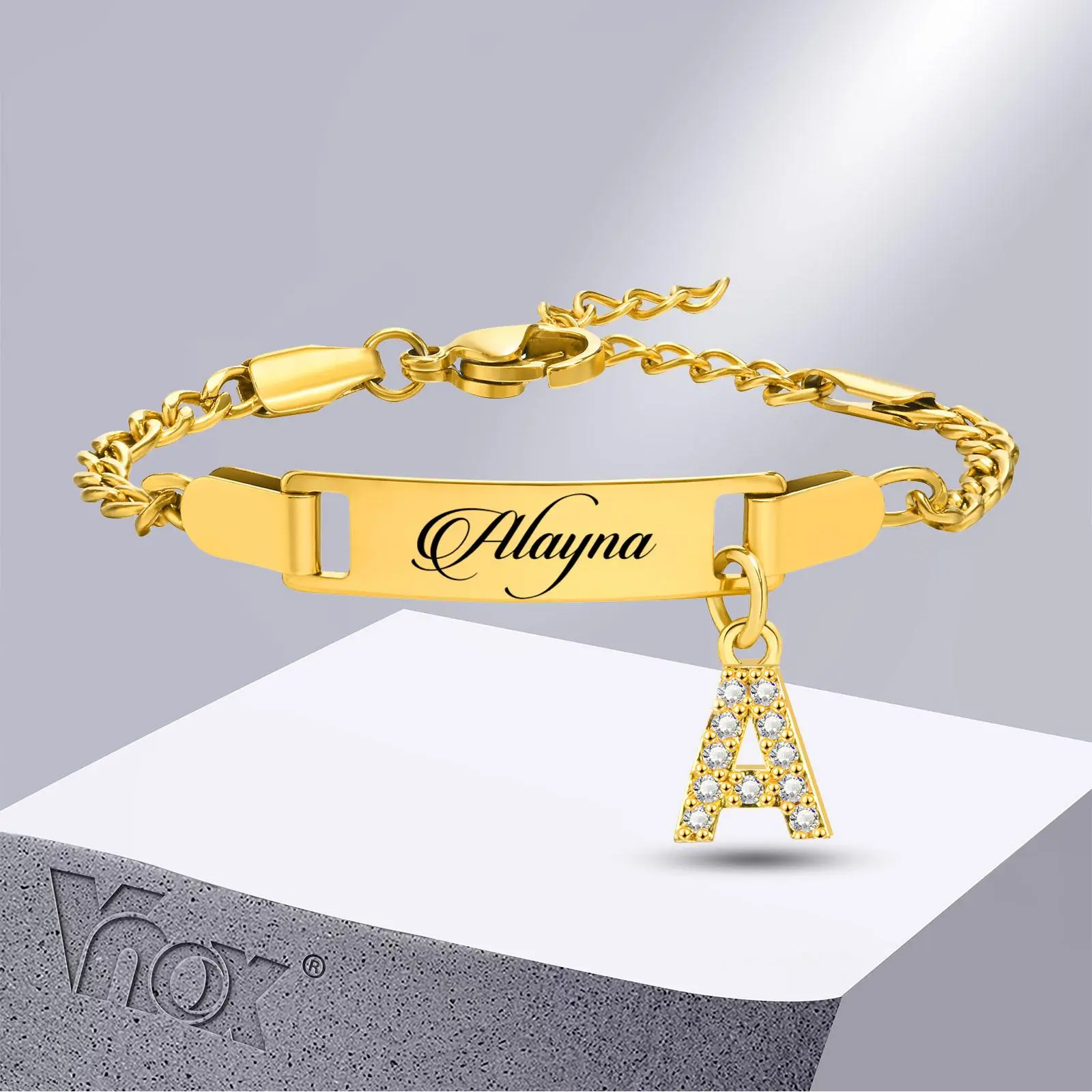 Vnox Free Custom Boy Girl Name Bracelets, Anti Allergy Stainless Steel Figaro Chain Wristband, Bling CZ Stone Initial Letter A-Z