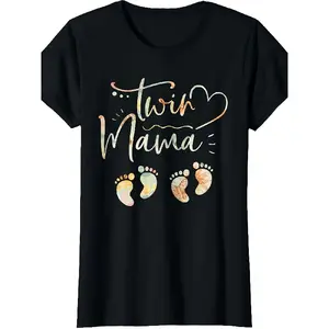 Womens Floral Twin Mama Mom to Be Pregnant with Twins Pregnancy T-Shirt Same Style for Men And Women 2025 Summer Short-Sleeved Printed T-Shirt Pure