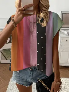 Summer Round Neck Short Sleeve Knit Top, Loose Fit Geometric Print, Casual Elegant Commuter, Casual Comfy Classy, Bikini Cover-Up, Women's Fashion, Womenswear