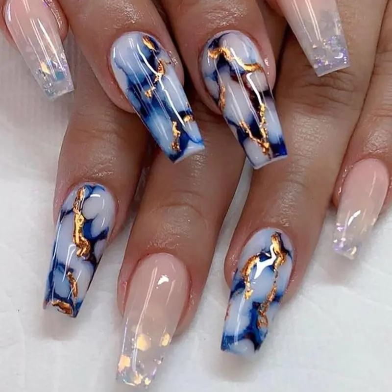 Coffin Press on Nails Medium Length Fake Nails Artificial False Nails with Blue Marble & Sequins Designs Glossy Acrylic Nails Nude Full Cover Glue on Nails for Women 24 Pcs TUZANDW