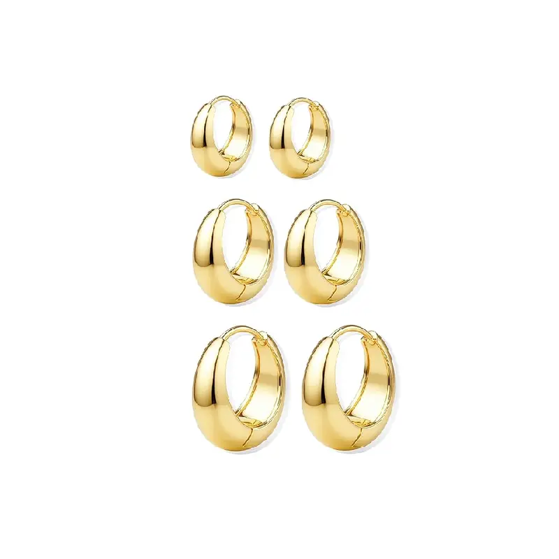 Women's 3-Pair Chunky Huggie Earrings Stacking Set - 14K Gold Plated Thick Hoops, Sterling Silver Hypoallergenic Copper Lightweight Elegant Shiny Jewelry for Women, Gold Aesthetic Daily Outfits