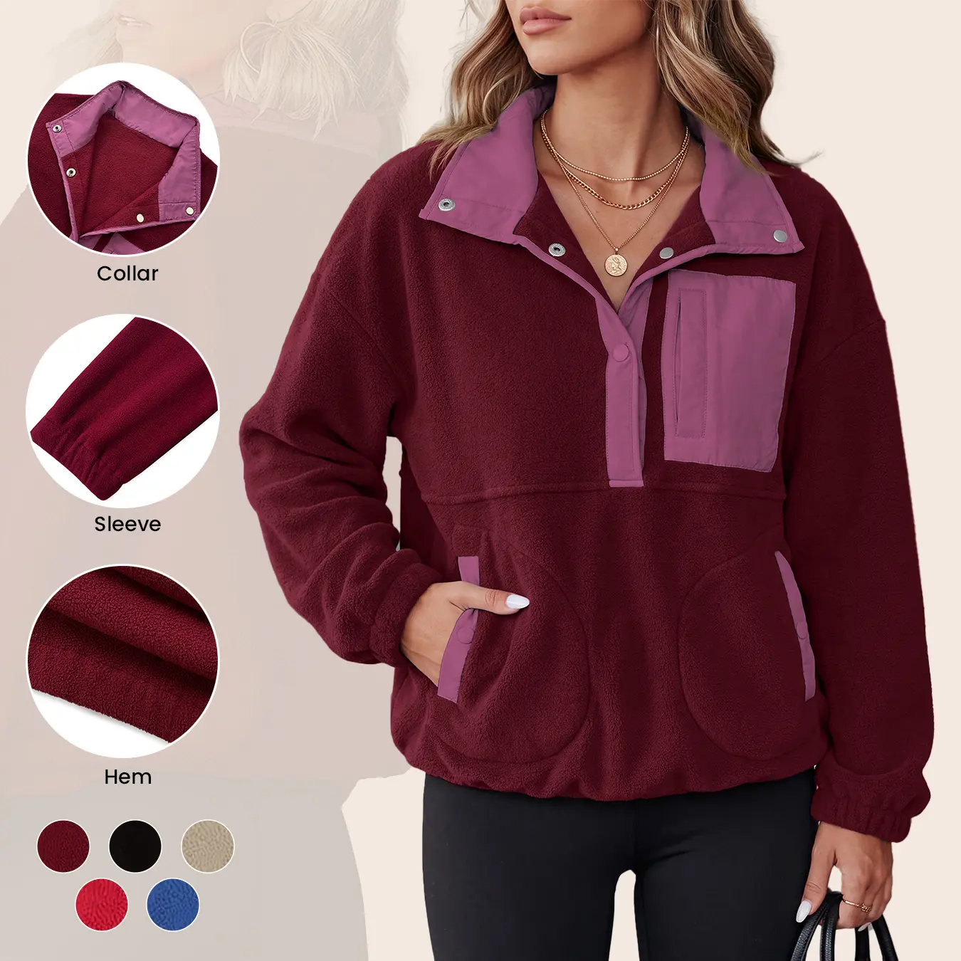 Aswulk Womens Fuzzy Fleece Pullover Sherpa Sweatshirt Long Sleeve Color clashing Button Down Sweater Winter Fleece Jacket with Pockets