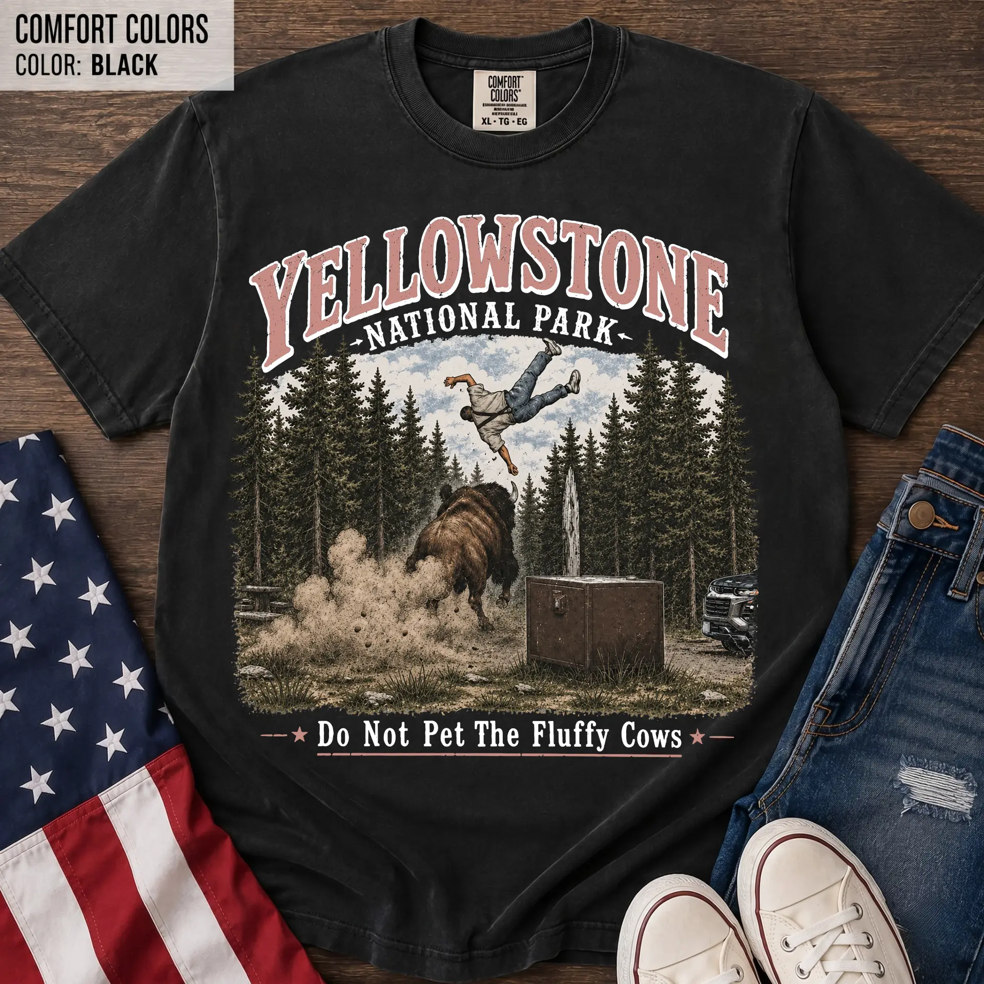 Yellowstone National Park Shirt, Premium Heavyweight Cotton Do Not Pet The Fluffy Cows Tee, Funny Bison Buffalo Tossing Top, Century Cotton Co.