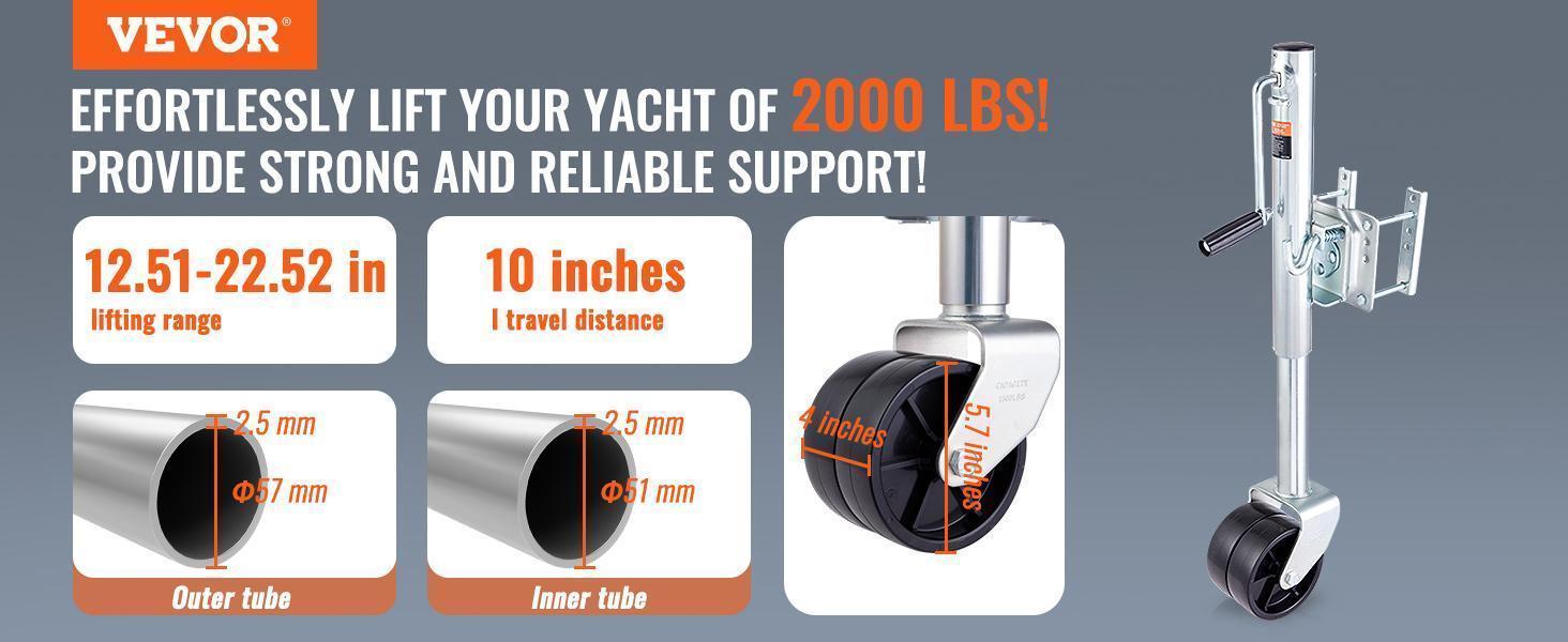 【fathersdaygift】VEVOR Boat Trailer Jack 35.3 in, Bolt-on Trailer Tongue Jack Weight Capacity Max 2000 lbs, with PP Wheel and Handle for lifting RV Trailer, Horse Trailer, Utility Trailer, Yacht Trailer