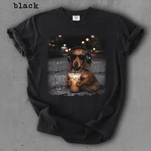 Comfort Colors® Dachshund Drinking Iced Coffee Shirt Funny Animal Meme Graphic Tee Coffee Lover Gift Funny Dachshund Shirt Unisex Tee