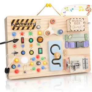 Joyreal Wooden Busy Board for Toddlers,‎31.5 x 21cm, Activity Montessori Toy for 2 3 Year Old, with 20 LED Lights 19 Fine Motor skills, Music Box, Christmas Birthday Easter for Boys Girls