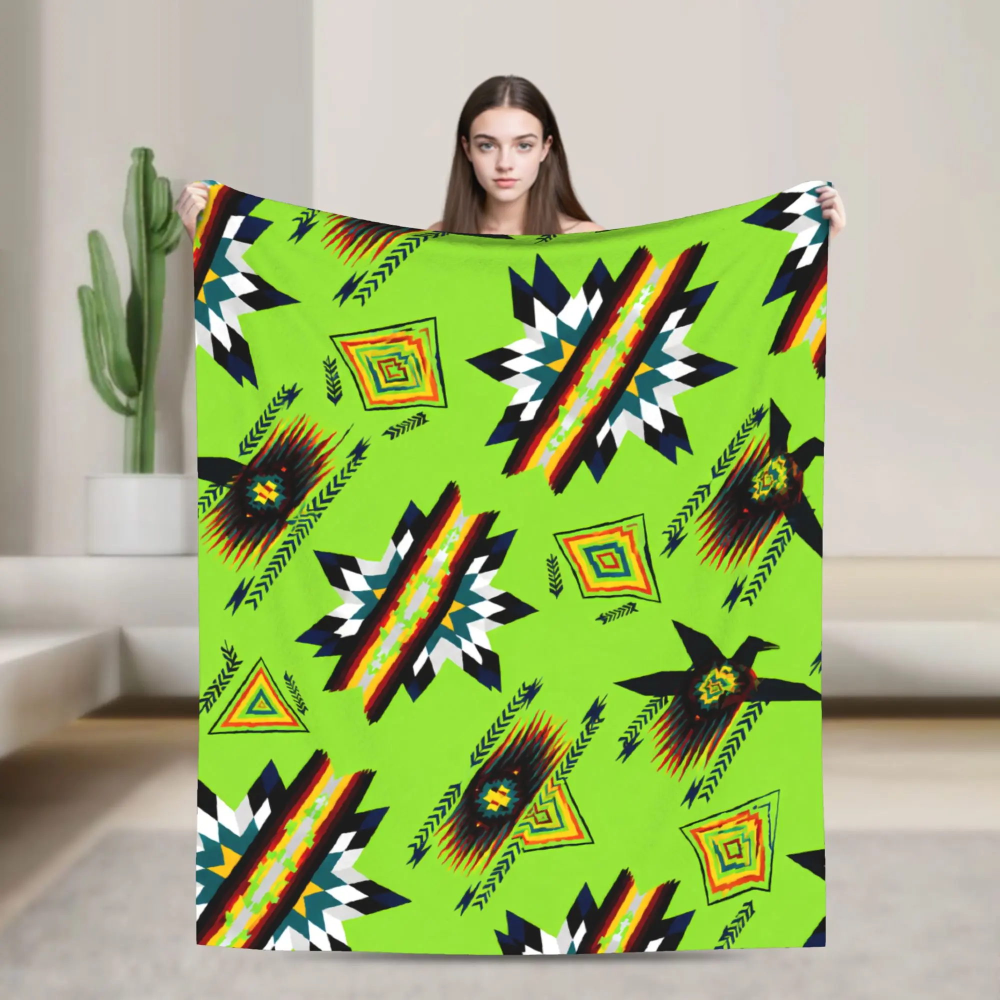 Lime Print Oversized Sunset Theme Illustrated Throw Blanket - Native Star Design, 60"x80" Single Layer, Soft Plush Texture Skin-Friendly Cotton Fiber, Glam Look Home Accessory, Multi-Use Bedding Linen