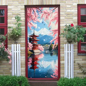 2pcs   Japanese Style Fuji Mountain Sakura Wall Stickers Removable Self Adhesive Decorative Murals for Living Room Bedroom Home Decoration Japanese Architecture Landscape Wall Art Peel and Stick  Coll