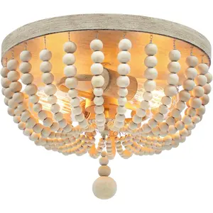 Farmhouse Wood Beaded Chandelier, Bohemia Ceiling Lamp, Rustic 2-Light Pendant Light Fixture, Semi-Flush Mount Ceiling Light for Living Room Entryway Hallway Kitchen Girl’s Room Baby’s Nursery, Oak