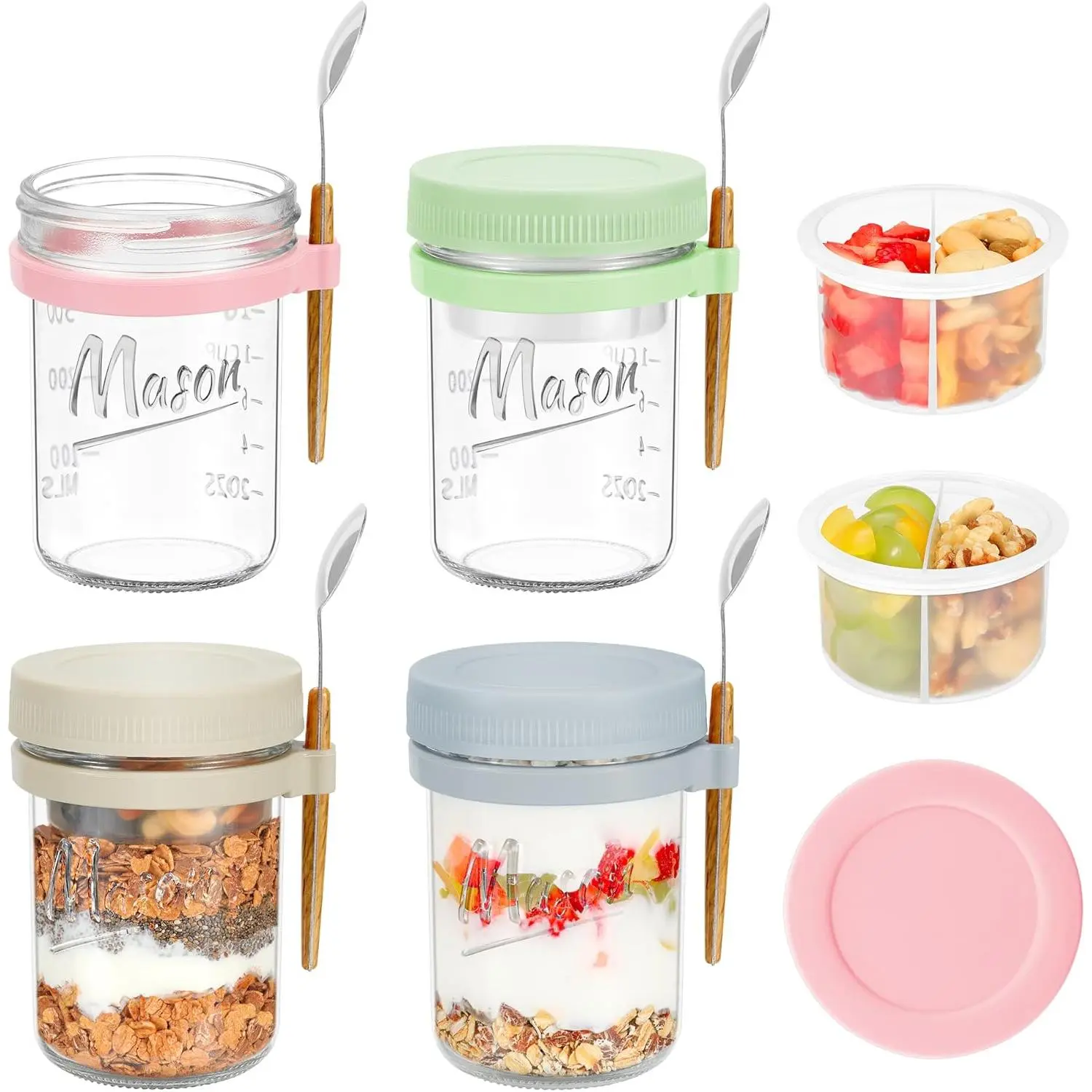 4-Pack 16 oz Airtight Glass Meal Prep Canister Containers with Lids - Leak-Proof, Reusable, BPA-Free Mason Jars with Removable Compartments for Overnight Oats, Chia Pudding, Utensils Compatible
