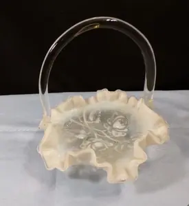 F-E-N-T-O-N French Opalescent Glass Basket w/ Embossed Roses Design