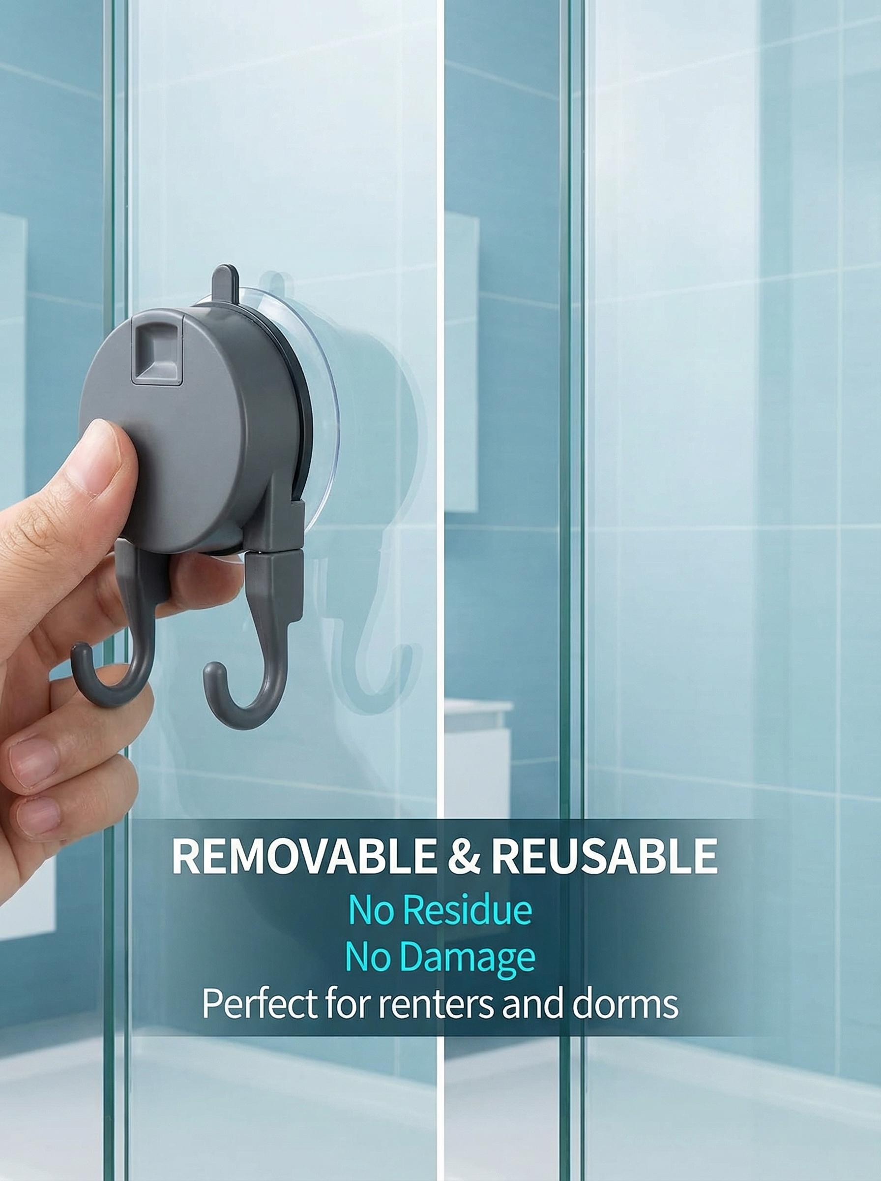 No Drill Suction Cup Hooks, Heavy Duty Vacuum Suction Hooks with Double Hooks, Reusable Waterproof Wall Hooks for Bathroom Kitchen, No Damage Hanger for Towels, Utensils, Bags, Renters Friendly, Fits Tile Glass Marble Metal