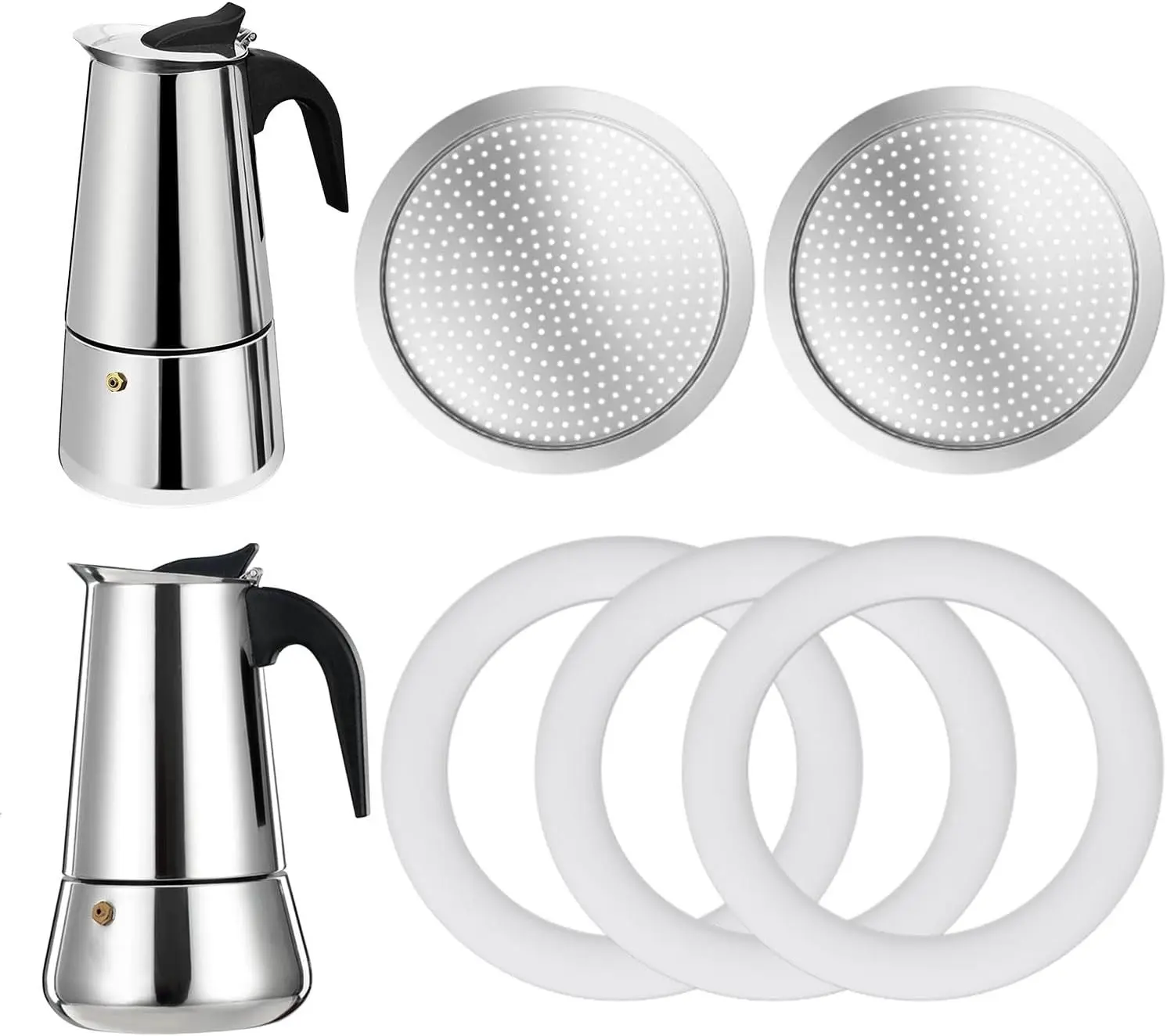 2 Pcs Filter with 3 Pcs Silicone Gasket Seals Replacement Parts for 4 Cup Stovetop Espresso Coffee Maker Fit Big Tummy and Straight Stainless Steel Moka Pot