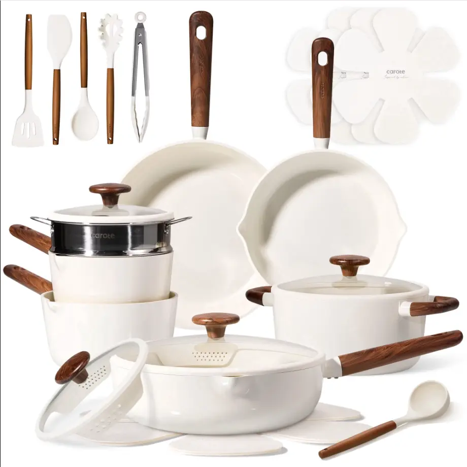 Carote 22-Piece Pots and Pans Set, Ceramic Nonstick Cookware Set with Steamer,Induction Compatible, White