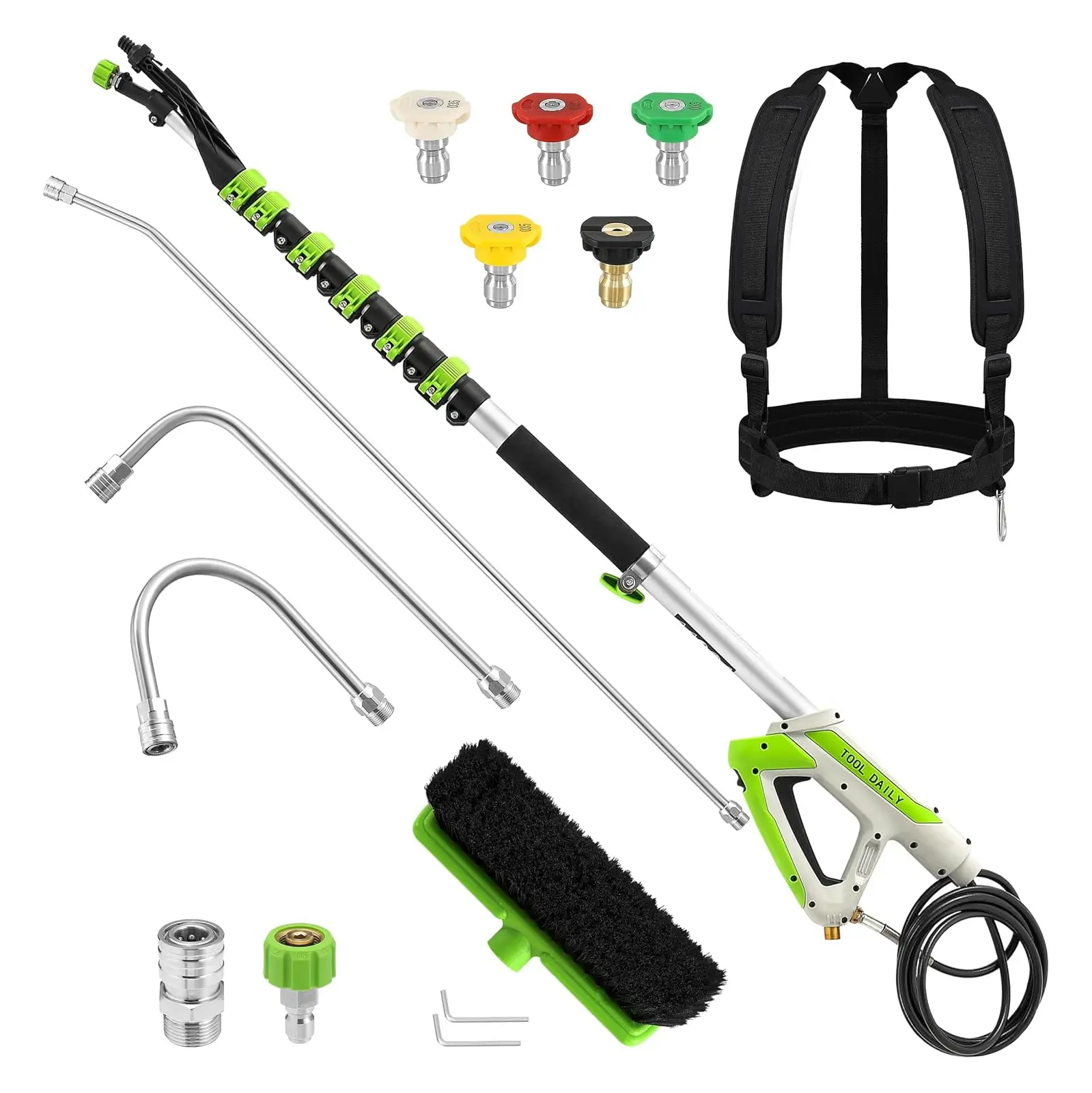 Tool Daily 21 FT Telescoping Pressure Washer Wand with Brush, Power Washer Extension Wand, Aluminum Telescopic Gutter Cleaner with 3 Curve Wands, 5 Spray Nozzle Tips and Adjustable Belt, 4000 PSI, DealsForYouDays