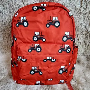 Red tractor printed farm backpack kids boys back to school bag
