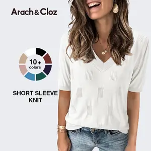 Arach&Cloz Women's Tops 2026 Spring Summer Short Sleeve Sweater Fashion Trendy Dressy Casual Outfit Versatile Knit Blouse SpringStatements