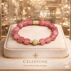 Celestone Strawberry Quartz Bracelet with Gold Rhinestone Accents Handcrafted with Meaning Elegant Jewelry