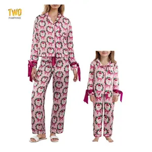 Mommy And Me Matching Satin Pajamas Set For 2025 Christmas Santa Wreath Print Button Down Long Sleeve Lapel Tops With Pants Family Holiday Sleepwear