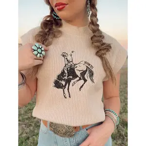 Women's Oatmeal Western Style Denim Pattern High Neck Short Sleeve Sweater, Casual Fashion Top for Women, Perfect for Daily Wear