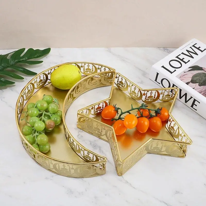 2 counts Star & Moon Shaped Dessert Display Tray, Ramadan Iron Material Fruit Plate, Star and Moon Plates, Decorative Plates, Home Decor Ornament for Living Room Dining Room Party