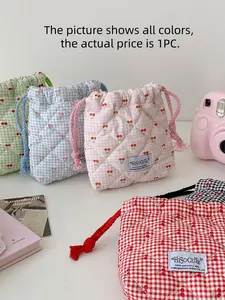 Korean Style Girl Cartoon Drawstring Makeup Bag, Cute Cherry Storage Pouch, Student Portable Travel Wash Bag, Handheld Cosmetic Pouch, Essential Organizer