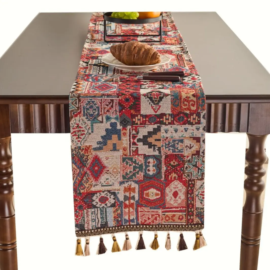 Colorful Badge New Red Tassel Cotton Blend Jacquard Table Runner - Traditional Ethnic Geometric Floral Design, Decorative Tassels, 33x120cm Multi-Size Household Textile for Coffee Tables, TV Cabinet Decor