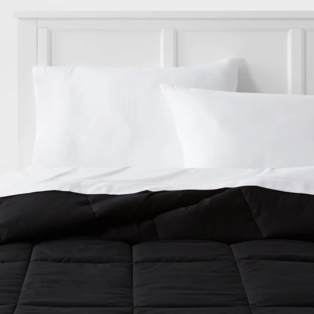 Full/Queen Down Alternative Washed Microfiber Reversible Comforter Black - Room Essentials: OEKO-TEX Certified 190 Thread Count