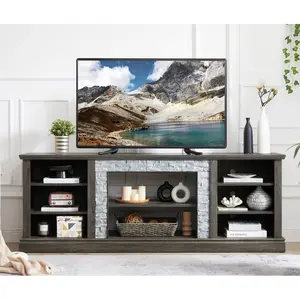 Large TV Stand TV Desk Storage Rack with Faux Stacked Stone Surround Media Console Table with Large Storage CabinetModern TV Media Entertaionment Stand 70.12"W*15.35"D*25.83"H