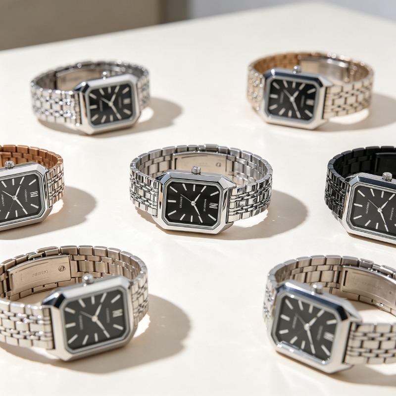 Silver-Tone Petite Rectangle Watch | Sleek Black Dial for Quiet Luxury Lovers