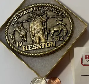 Vintage 1982 Metal Belt Buckle, Brass, Hesston, NFR, National Finals Rodeo, Nice Western Design, 3 3/4" x 2 3/4", Heavy Duty, Made in USA, Quality, Thick Metal, For Belts, Fashion, Shelf Display, Western Wear, Cowboy, Rodeo, Southwest, Country, Fun, Nice