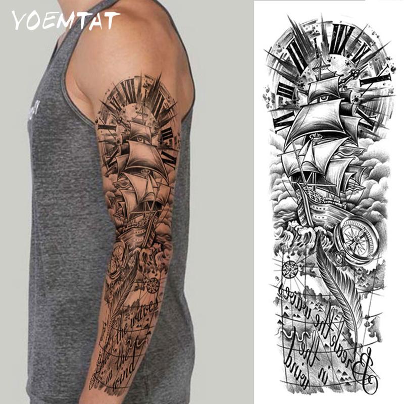 Large Full Arm Sleeve Waterproof Realistic Tattoos Temporary Tattoo Sticker Black Pirate Ship Compass Anchor Clock Compass Feather Text Word Sentence Tribe Totem Design Fake Tatoo Body Art Tatto Men Women Leg