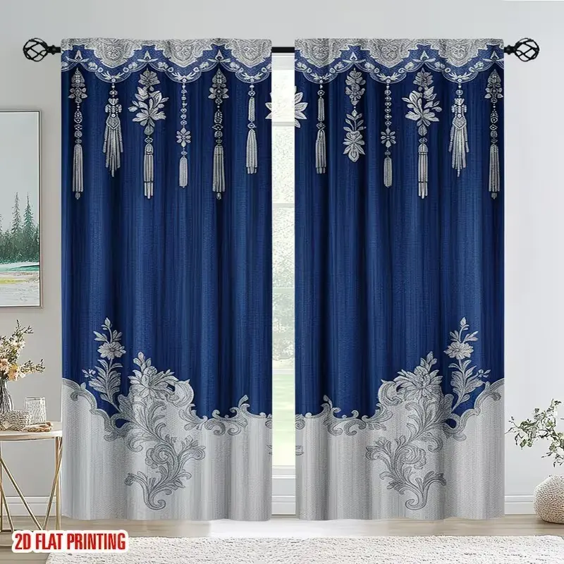 2pcs simulated curtain pattern printed curtains, Tassel decor curtain, Home Decorative curtain, semi sheer curtain, Window curtain, made of polyester fiber, translucent privacy protection design, hand washable and machine washable, suitable for home decor
