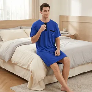 Men's Cotton Short Sleeve Knee Length Nightshirt Sleep Shirt - Comfortable Breathable Lounge Wear for Home Relaxation Casual Sleepwear Nightgown Pajamas Soft Fabric Perfect for Nighttime Rest and Daily Wear