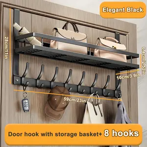 1pc Heavy-Duty Metal Over-the-Door Storage Rack with Adjustable Hooks & Shelves - Space-Saving Organizer for Bedroom, Bathroom, Entryway - Easy Installation with Screws or Adhesive, Holds Bags, Hats, Keys, Towels, Utensils - Durable Painted Finish Over-th