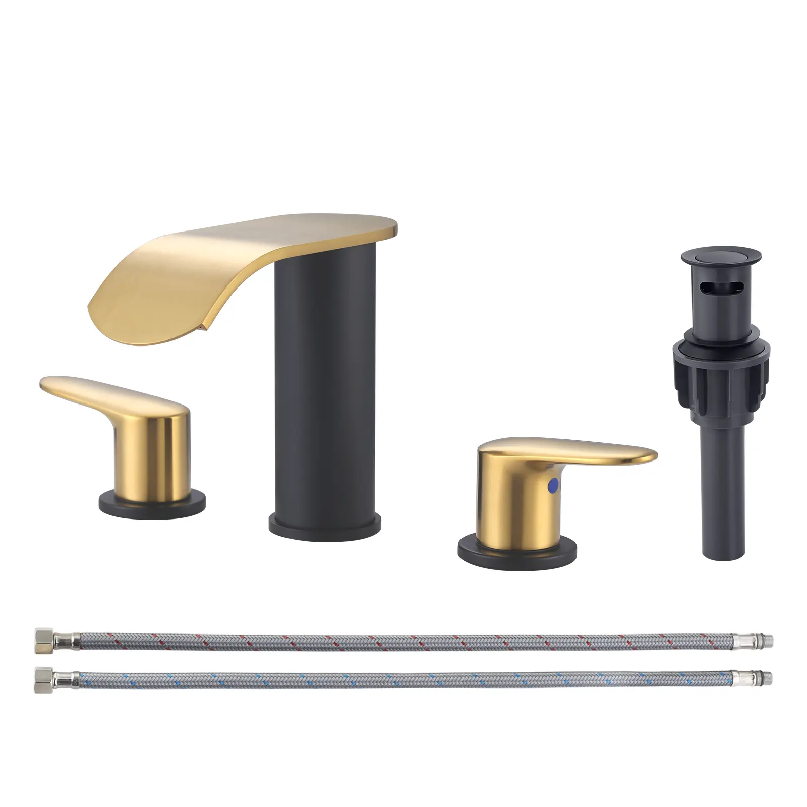 WOWOW Ultra-Wide High Arc Waterfall Stainless Steel Bathroom Faucet, 3-Hole 8in Widespread Lavatory Vanity Sink Double Handle Drip-Free Mixer Tap with Lift-Up Drain & Supply Hoses (Black and Gold), Double Handle Faucet, High Arc Faucet
