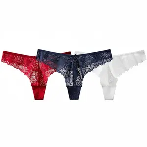 Buy 2 Get 1 Free (3-pack) Low-Waist Lace Thong Underwear for Women, Nylon Spandex Material, Fashionable Daily Wear Underwear