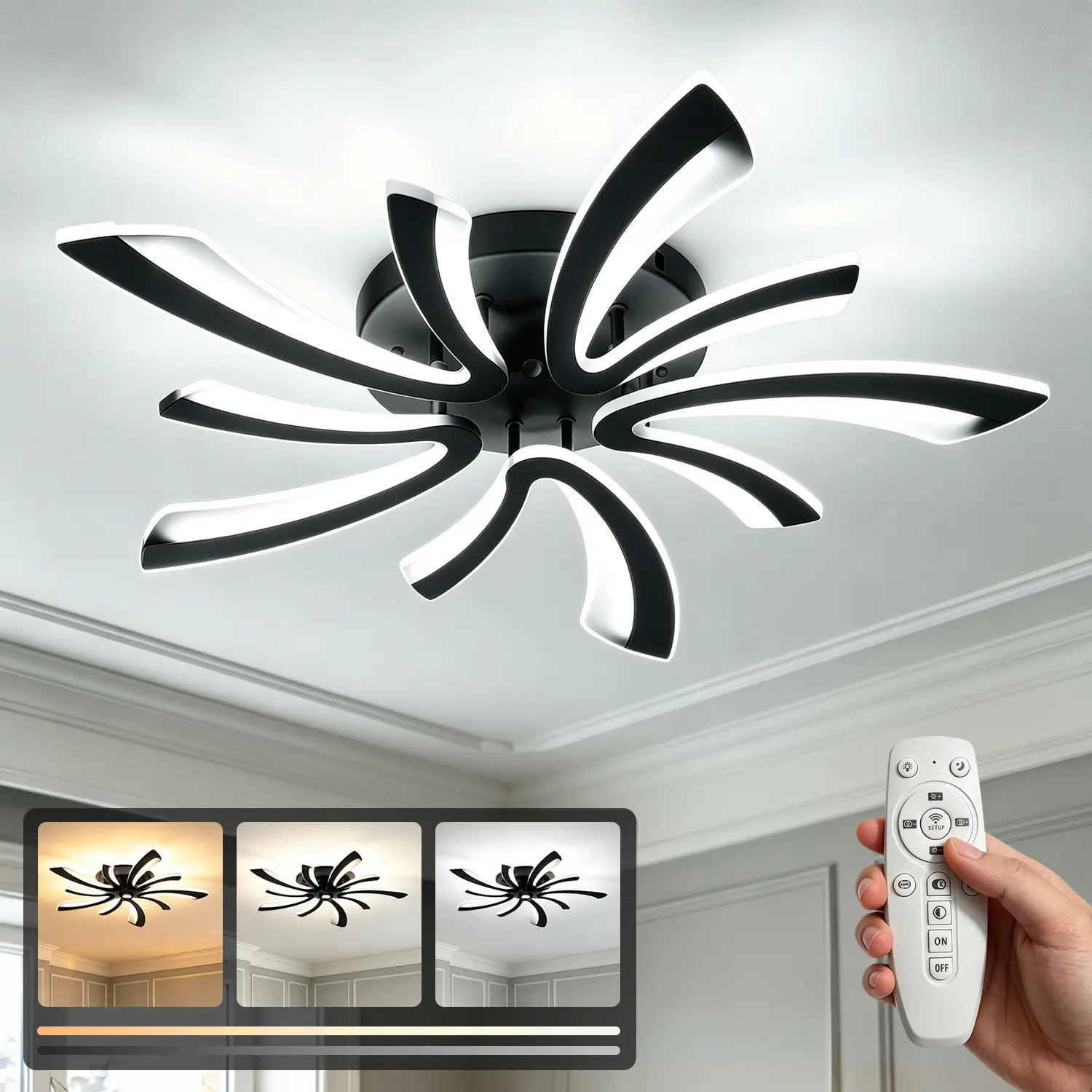 Modern LED Flush Mount Ceiling Light - 29in Flower Spiral Spot, Iron+Acrylic, 3 Color Temp 3000K-6000K Stepless Dimmable, App Control, Adjustable Built-in LED with Hardware Kit for Indoor Bedroom Living Room Use, Indoor Use