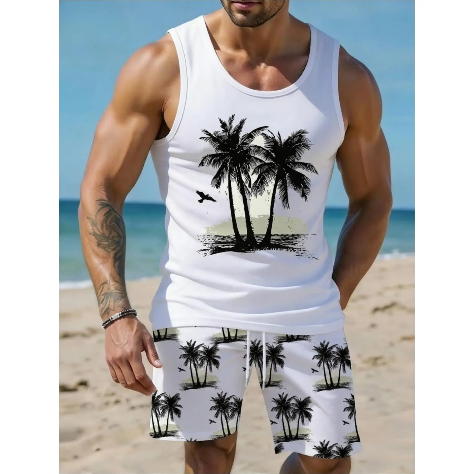 Men's Retro Tropical Knit Seamless Sleeveless Coconut Tree 2-Piece Vest Set, Casual Beach Vacation & Leisure Outfit
