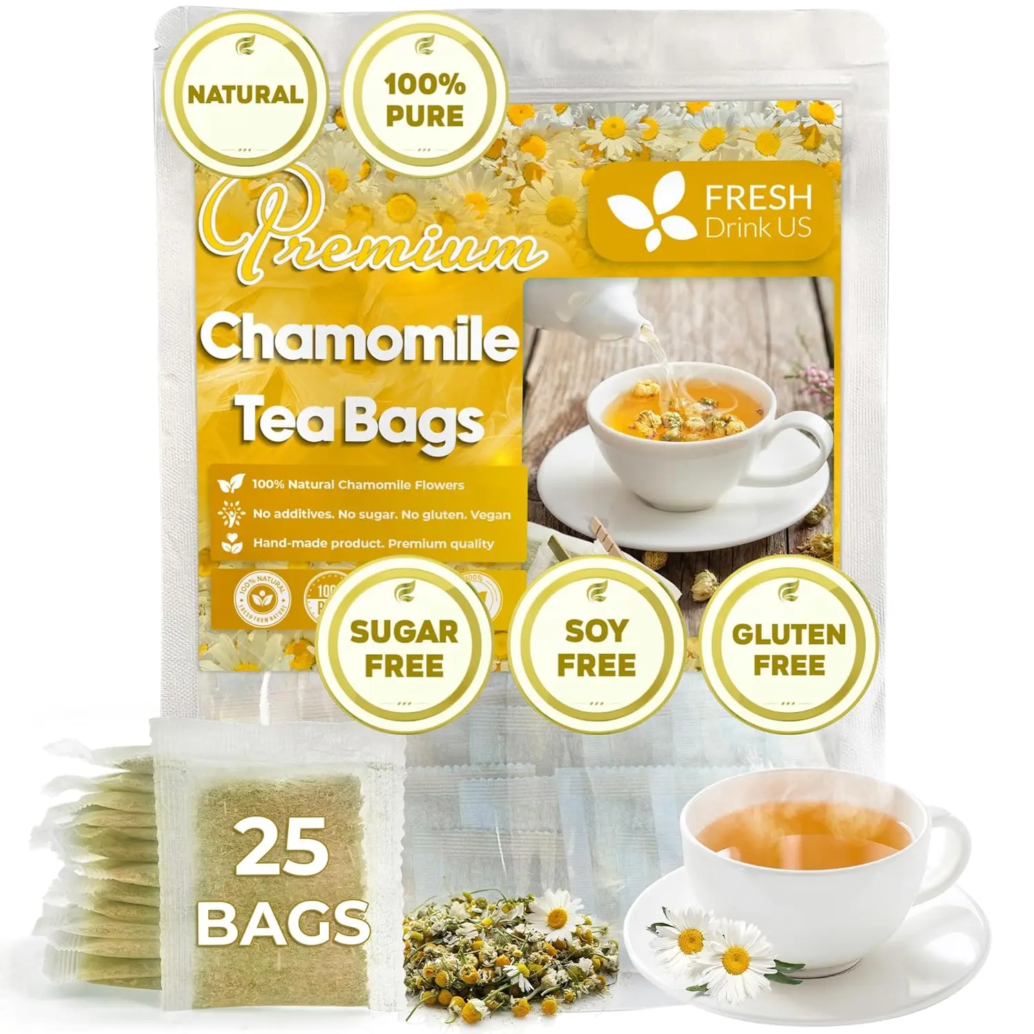 FRESHDRINKUS, 25 Chamomile Tea Bags, 100% Natural and Pure Chamomile Flowers, Eco-conscious Tea Bags. Chamomile Flower Herbal Tea. No Sugar, No Caffeine, No Gluten, Vegan. Beverage