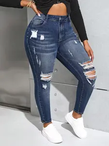Women's Plus Size High Rise Ripped Skinny Jeans - Super Stretch Distressed Denim Pants for Curvy Figures Casual Fit Bottom Womenswear